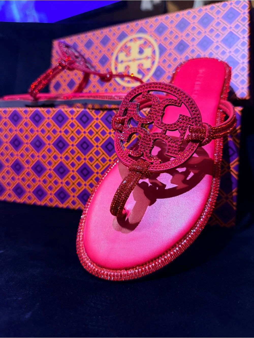 Tory Burch Red Crystal Logo Thong Sandals